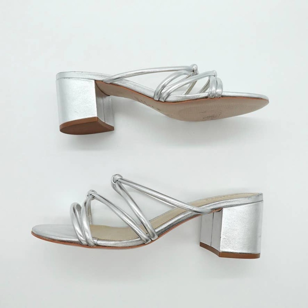 SCHUTZ Princey Strappy Sandal Womens 8 Silver Knotted Block Heel Slide Slip On - Picture 4 of 12
